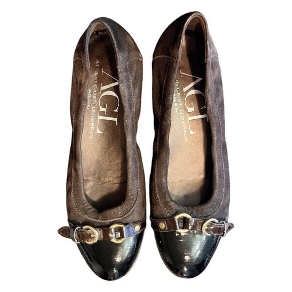 AGL Ballet Flats Brown Monika Cap Toe Suede Patent Leather Shoes Buckle 36 EUC - Picture 3 of 11